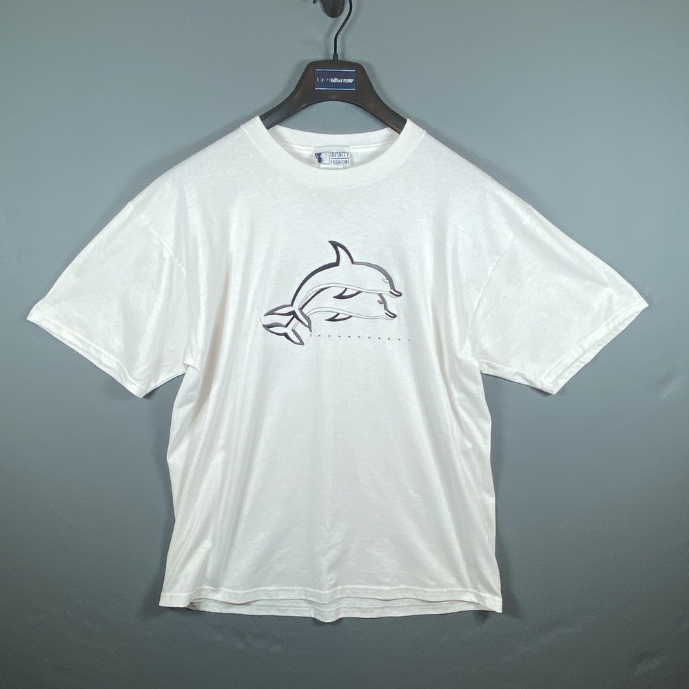 Vintage Infinity Fashions Dolphin T-Shirt XL White Embroidered Rhinestone 90s